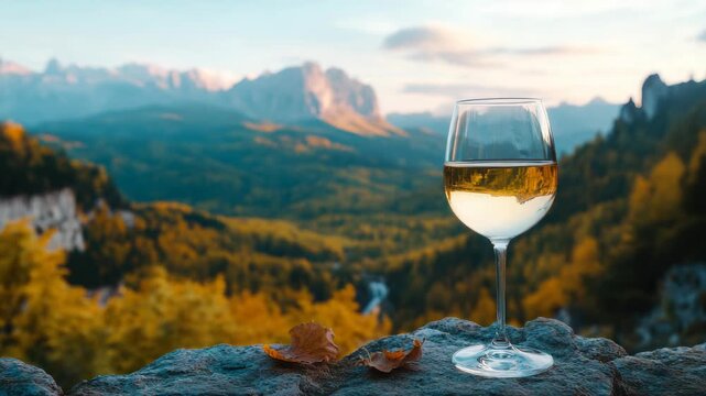 Glass of white wine overlooking alpine valley at sunset with trees changing colors.
