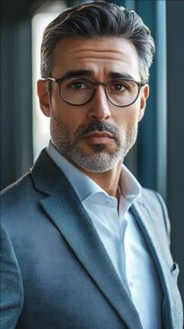Man in business suit with confident smirk and stylish glasses.
