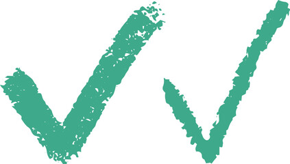 Two distinct, rough, teal-colored checkmarks, hand-drawn in a grunge artistic style © MD