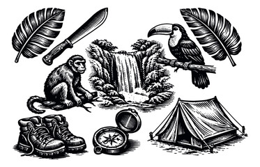 Naklejka premium Engraved line art jungle adventure set featuring a monkey, toucan, waterfall, camping tent, compass, machete and tropical leaves for wilderness exploration