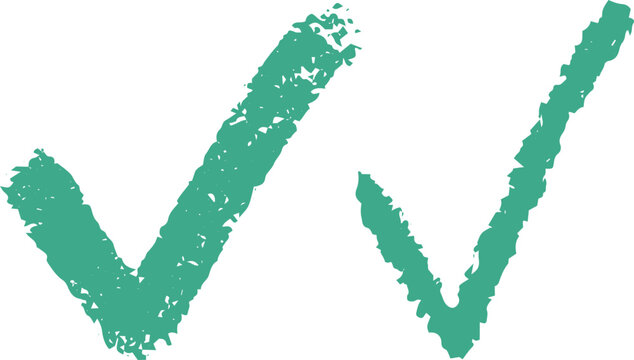 Two distinct, rough, teal-colored checkmarks, hand-drawn in a grunge artistic style