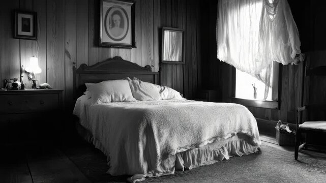 A serene black and white videograph of a vintage bedroom scene, capturing the essence of comfort and nostalgia.