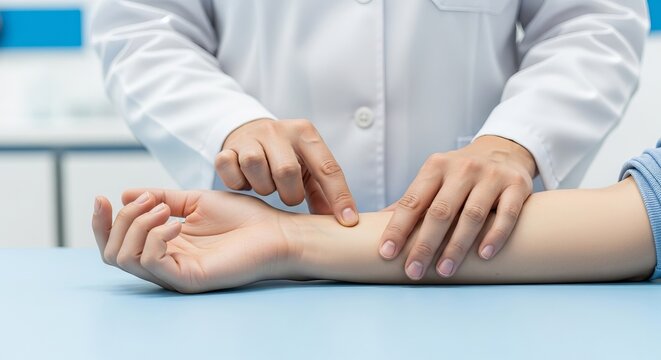 Professional doctor checking patient radial pulse on wrist during heart rate medical consultation