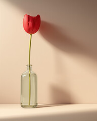 Vivid Red Tulip in Glass Vase Against Beige Wall