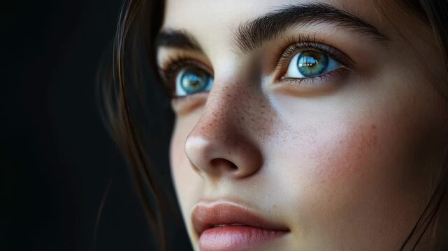 Woman's face in focus, brown hair, blue eyes, freckles, neutral expression, looking directly at the camera.