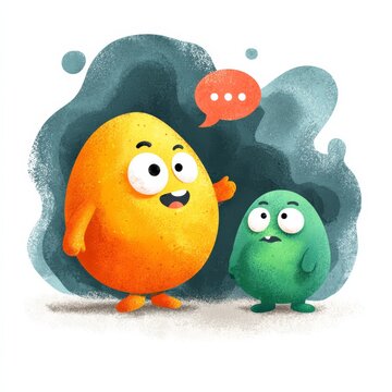 Cute orange mascot explains counterattack strategy to smaller green mascot in a fintech cartoon style