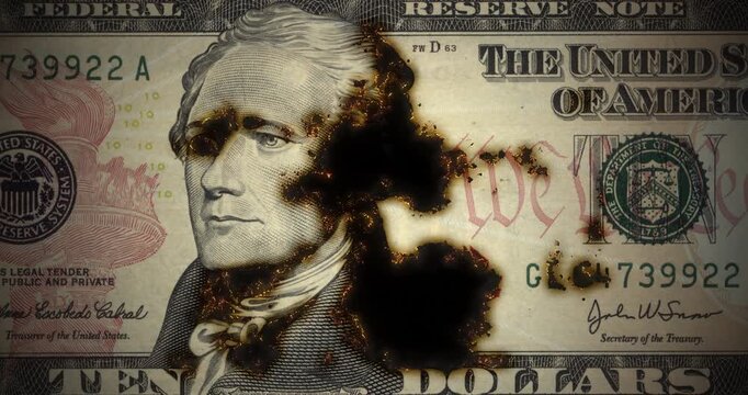 10 dollar bill with smoldering and slowly burning from the glowing edge, ten dollar banknote turning to ash with glowing embers, loop footage