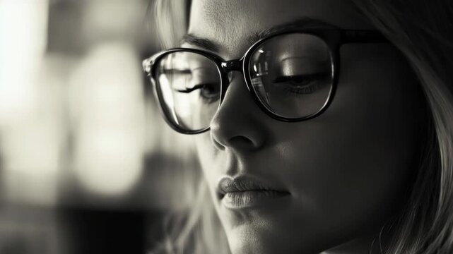 Thoughtful woman in glasses with closed eyes, deep in thought, contemplating an issue or solving a problem.