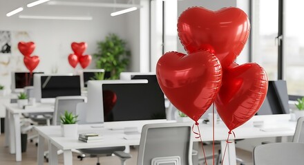 Valentine's Day office scene, heart balloons in modern workspace, computers, plants