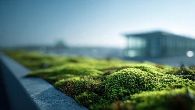 Green roof close-up with blurred building