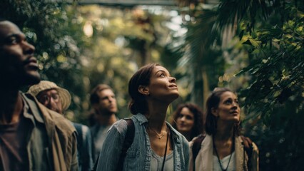 Group of people looking up in a lush forest