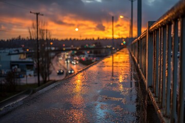 Rainy city road reflecting sunset lights after storm,Wet urban street with sunset sky and street lights,City road after rain with glowing reflections at sunset
