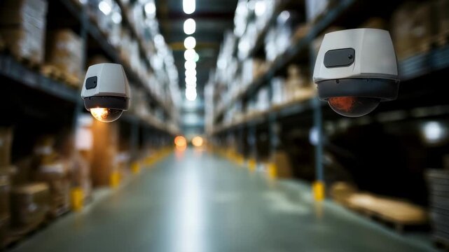 Closeup of motion sensor activating LED lights in a warehouse aisle spotlighting smart energysaving technology with outoffocus shelves.