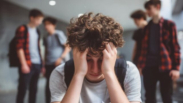 sad caucasian boy sitting against wall in crowded corridor while classmates walk past, backpacks, blurred figures, muted light, lockers, vulnerable posture,