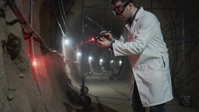 Scientist in white coat inspects underground tunnel wall using red laser device. Scene depicts geological survey or mining safety check for industrial projects.