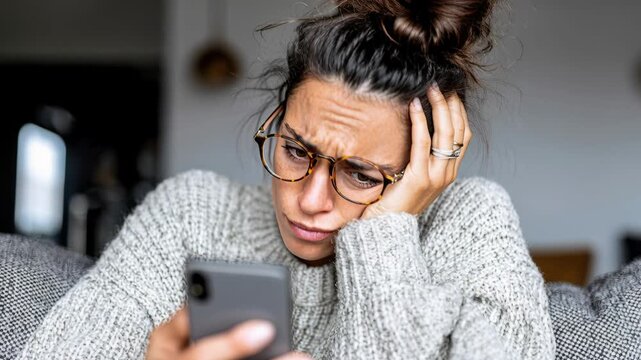 young woman sitting on couch reading smartphone, facial expressions show confusion and worry while scrolling through messages,
