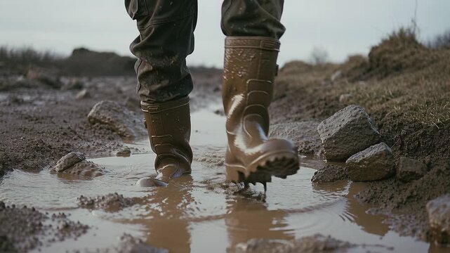 Close up legs in rubber boots walking through deep mud puddle. Person hiking or working outdoors in dirty wet terrain. Concept of difficult path, military training or adventure.