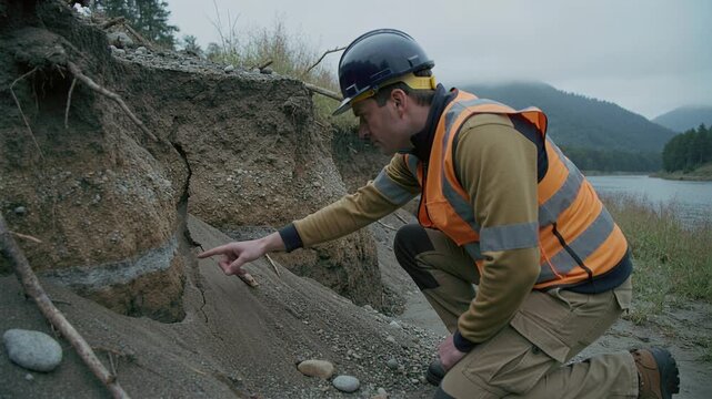Male engineer in hard hat inspects soil layers and erosion on a river bank. This scene depicts environmental analysis and safety checks suitable for construction or geology projects.