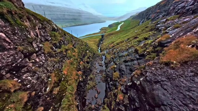 Flying through narrow rock gorge towards coastal roa aerial FPV view