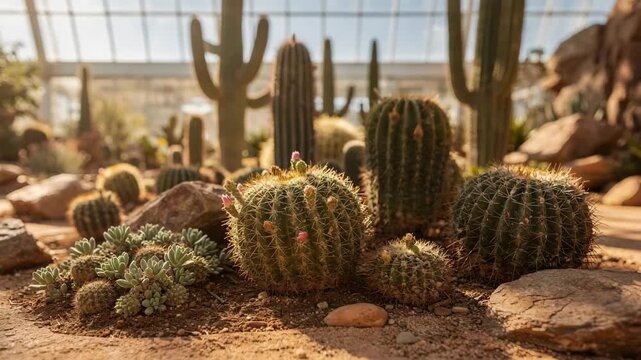 Medium shot of diverse cacti in a desert biome greenhouse with sharp focus on spiky textures softly blurred rocky background under bright morning sunlight.