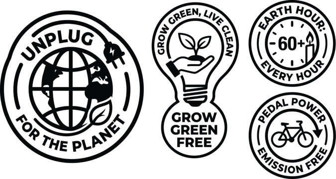 Sustainability sticker set with eco-friendly slogans and icons vector