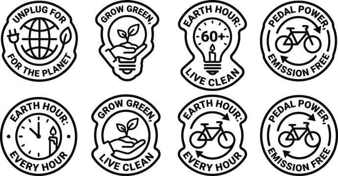 Sustainability sticker set with eco-friendly slogans and icons vector