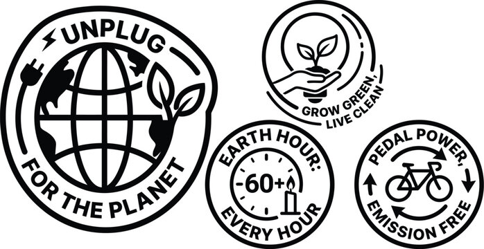 Sustainability sticker set with eco-friendly slogans and icons vector
