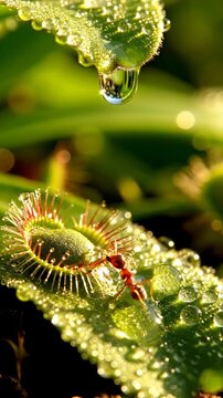Water dropping on a carnivorous sundew plant with ant