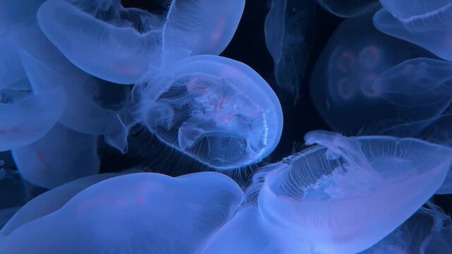 Beautiful jellyfish float in dark water.