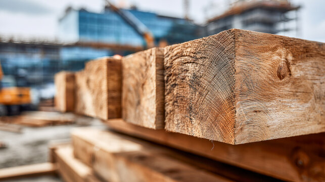 Stacked rough-cut wooden beams at a construction site with urban buildings blurred in the background under a cloudy sky on a workday