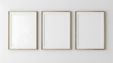 Three vertical frames with wooden border hang on a white wall creating a gallery