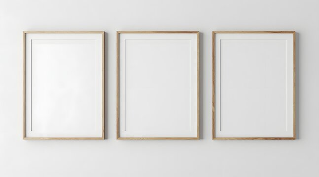Three vertical frames with wooden border hang on a white wall creating a gallery