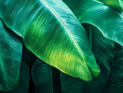 Vibrant tropical leaves with rich green tones layered together creating lush natural patterns and textures in a dense rainforest environment background