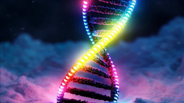 Colorful glowing DNA double helix against night sky, symbolizing genetics and science advancements.