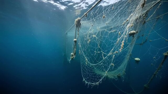 Ghost fishing net underwater drifting in the deep blue ocean, abandoned fishing gear polluting the marine environment and threatening sea life with sun rays from the surface