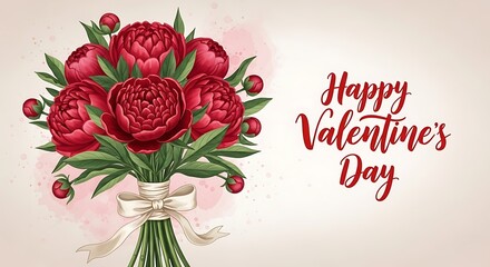 Watercolor bouquet of red peonies with green leaves, tied with ribbon, Valentine's Day greeting