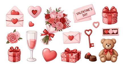 Watercolor illustrations of romantic Valentine's Day elements hearts, gifts, flowers, teddy, & more