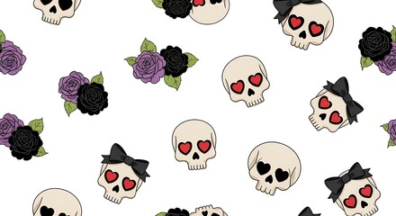 Whimsical pattern of cartoon skulls with heart eyes and roses against a white background