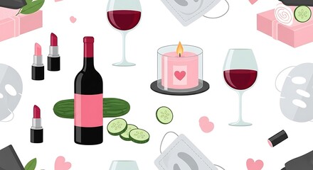 Whimsical repeat pattern featuring self-care items, wine, masks, lipsticks, and cucumber