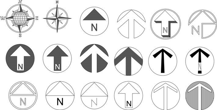 Technical vector illustration of 18 different north arrow symbols and compass roses for architectural site plans and map orientation.