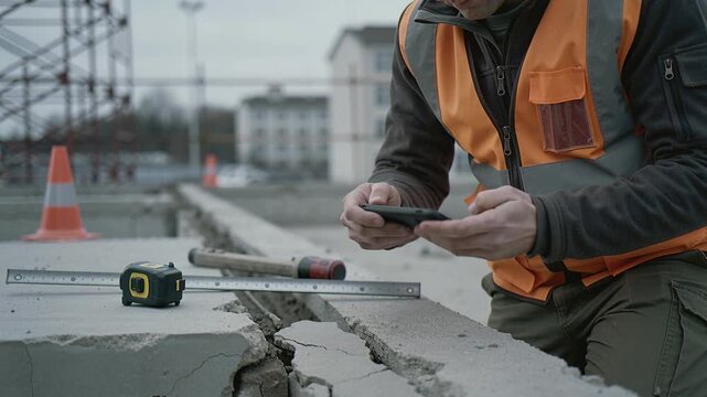 Builder in safety vest photographs concrete crack with phone at construction site. Concept of quality control and defect inspection for engineering reports.