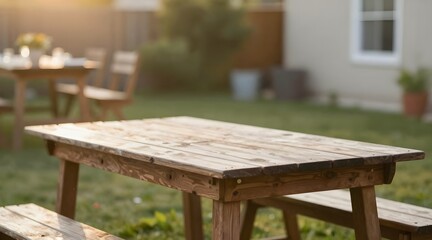 Close up of picnic table sitting in backyard with blurred background