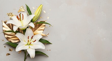 White lilies and gold-leaf accents, set against a neutral, textured background