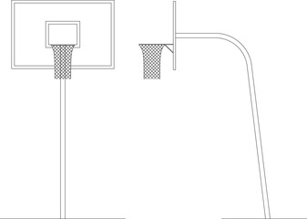 Technical vector illustration of a basketball hoop elevation, featuring front and side views of the backboard and net in clean line art. © Riki