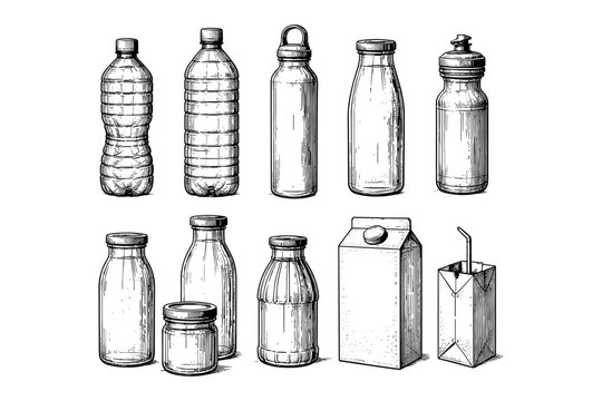 Variety of empty beverage containers in black and white sketch style