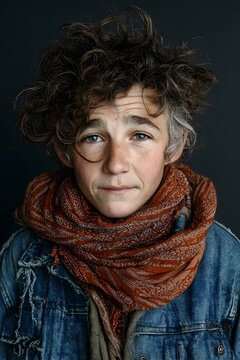 Portrait of a Young Person with a Scarf and Denim Jacket: A close-up shot of a person with expressive eyes wearing a scarf and denim jacket. The person's hair is tousled.
