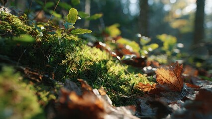 Obraz premium Sunlit Moss and Fallen Leaves in a Forest