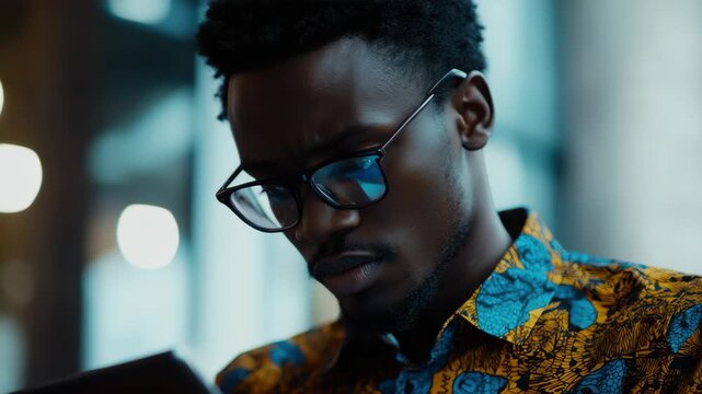 Man with glasses looking thoughtful, wearing a multi-colored patterned shirt.