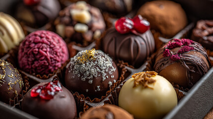 Close-up of Decadent Chocolate Delights in an elegant showcase box, an array of exquisite chocolate truffles and adorned with captivating toppings