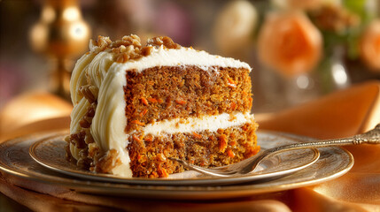 Carrot Cake Moist carrot cake slice with cream cheese frosting, placed on an elegant, perfectly round dessert plate which sits on an elegant silk, gold tablecloth with a fork to eat the cake